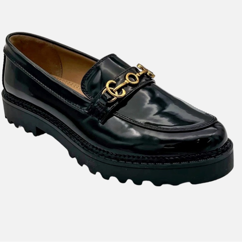 Circus NY by Sam Edelman Black Patent Leather Loafers with Gold Accent
